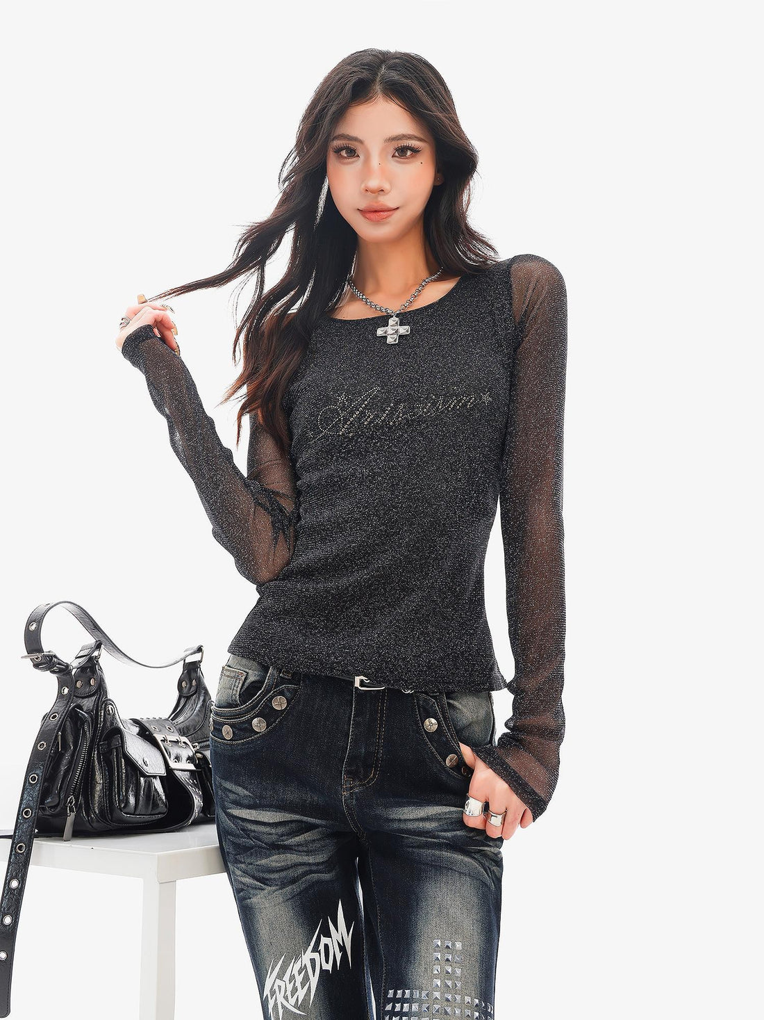 QIUQIU STUDIO Letter Rhinestone Round Neck Mesh Sheer Women&