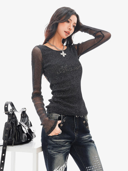 QIUQIU STUDIO Letter Rhinestone Round Neck Mesh Sheer Women&
