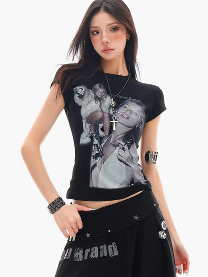 QIUQIU STUDIO Lettered Character Print Crewneck Slim Fit Waist American Babe Women&