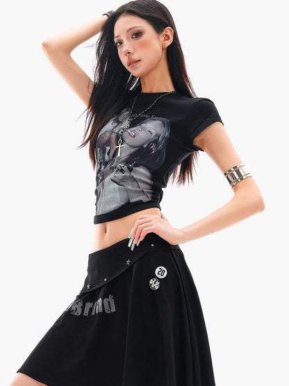 QIUQIU STUDIO Lettered Character Print Crewneck Slim Fit Waist American Babe Women&