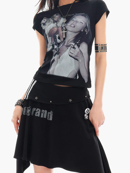 QIUQIU STUDIO Lettered Character Print Crewneck Slim Fit Waist American Babe Women&