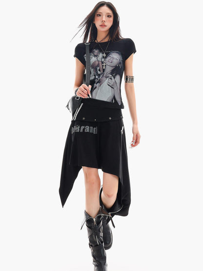 QIUQIU STUDIO Lettered Character Print Crewneck Slim Fit Waist American Babe Women&