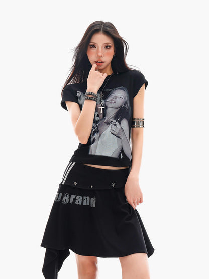 QIUQIU STUDIO Lettered Character Print Crewneck Slim Fit Waist American Babe Women&