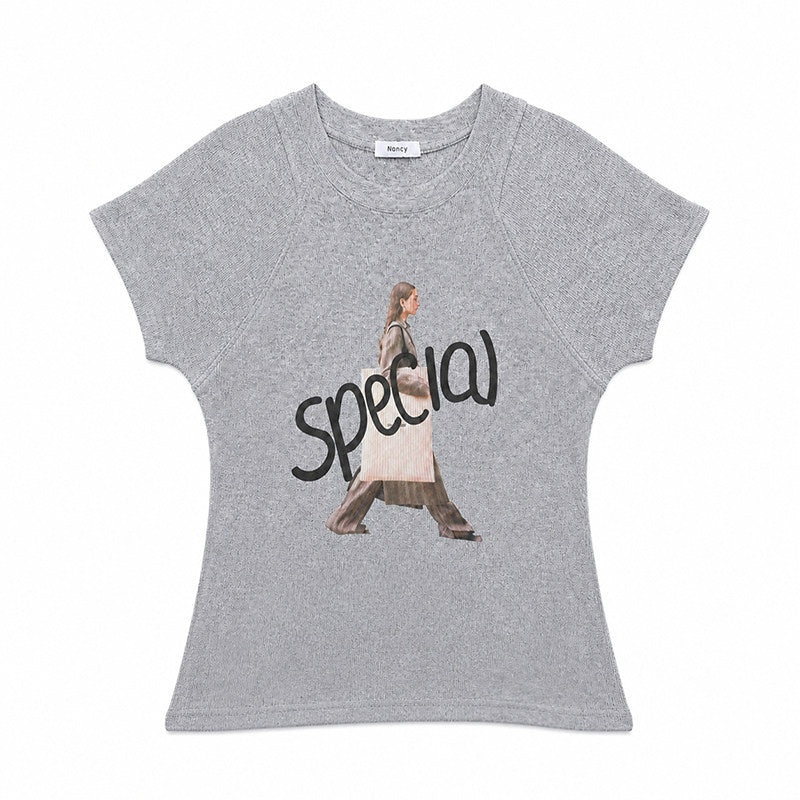QIUQIU_STUDIO_Lettered_Portrait_Print_Short_Sleeve_Slim_Fit_Round_Neck_Women&