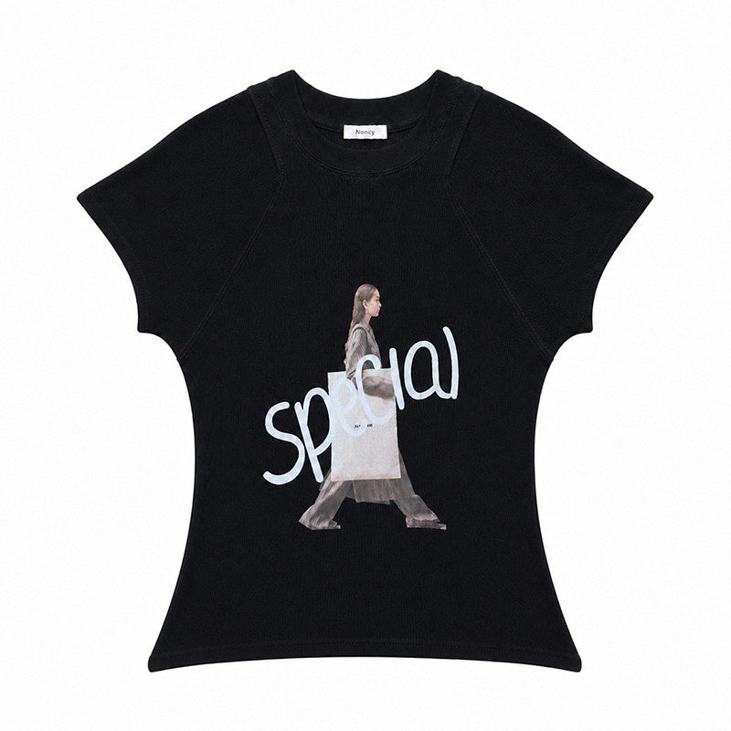 QIUQIU_STUDIO_Lettered_Portrait_Print_Short_Sleeve_Slim_Fit_Round_Neck_Women&