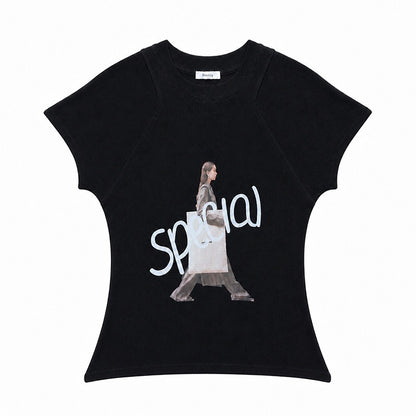 QIUQIU_STUDIO_Lettered_Portrait_Print_Short_Sleeve_Slim_Fit_Round_Neck_Women&