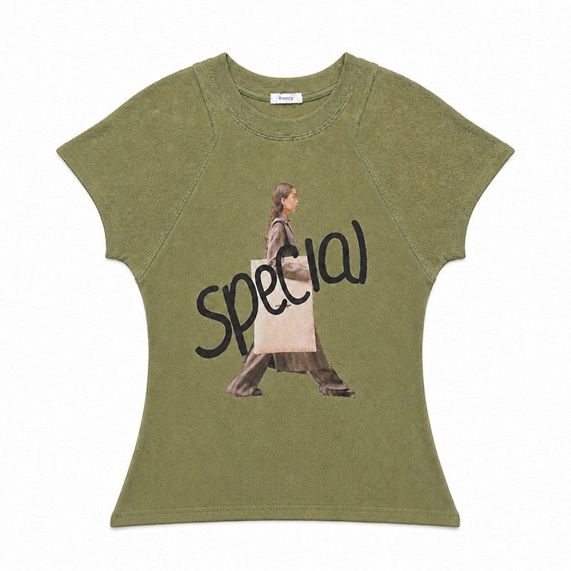 QIUQIU_STUDIO_Lettered_Portrait_Print_Short_Sleeve_Slim_Fit_Round_Neck_Women&