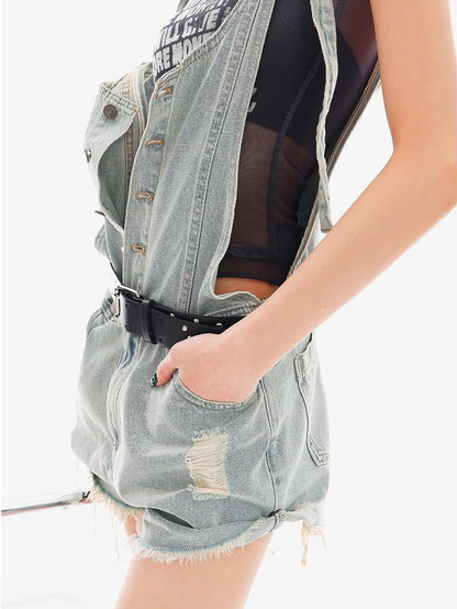 QIUQIU STUDIO Light Blue Distressed Fringe Suspender Pocket Wide Leg Women&
