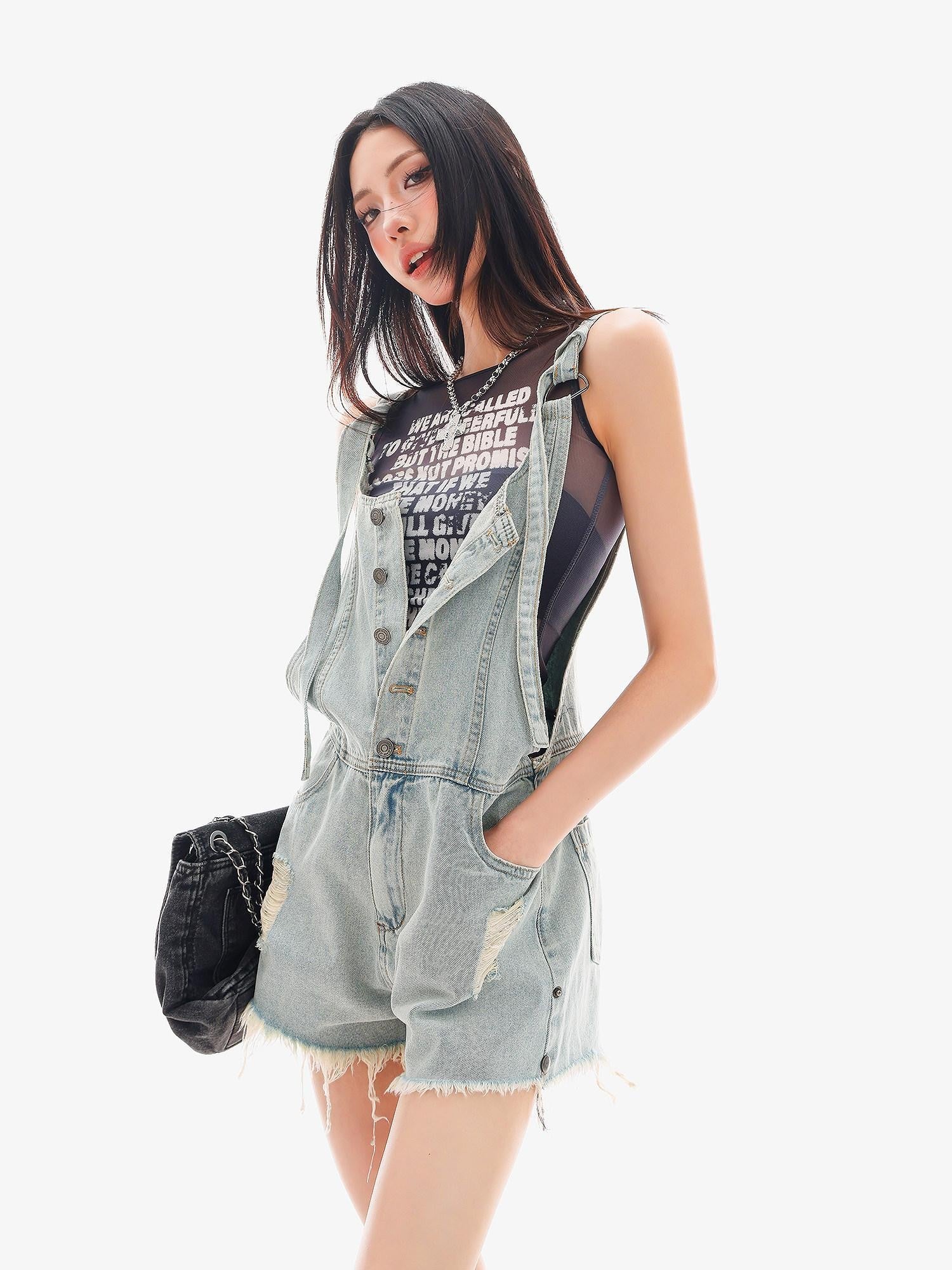 QIUQIU STUDIO Light Blue Distressed Fringe Suspender Pocket Wide Leg Women&