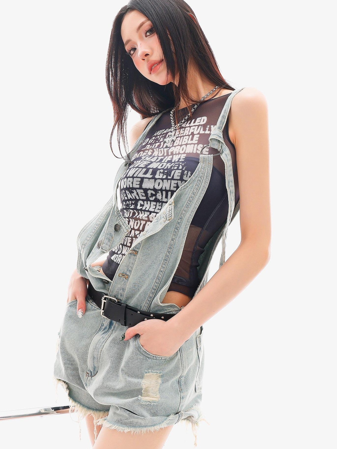 QIUQIU STUDIO Light Blue Distressed Fringe Suspender Pocket Wide Leg Women&