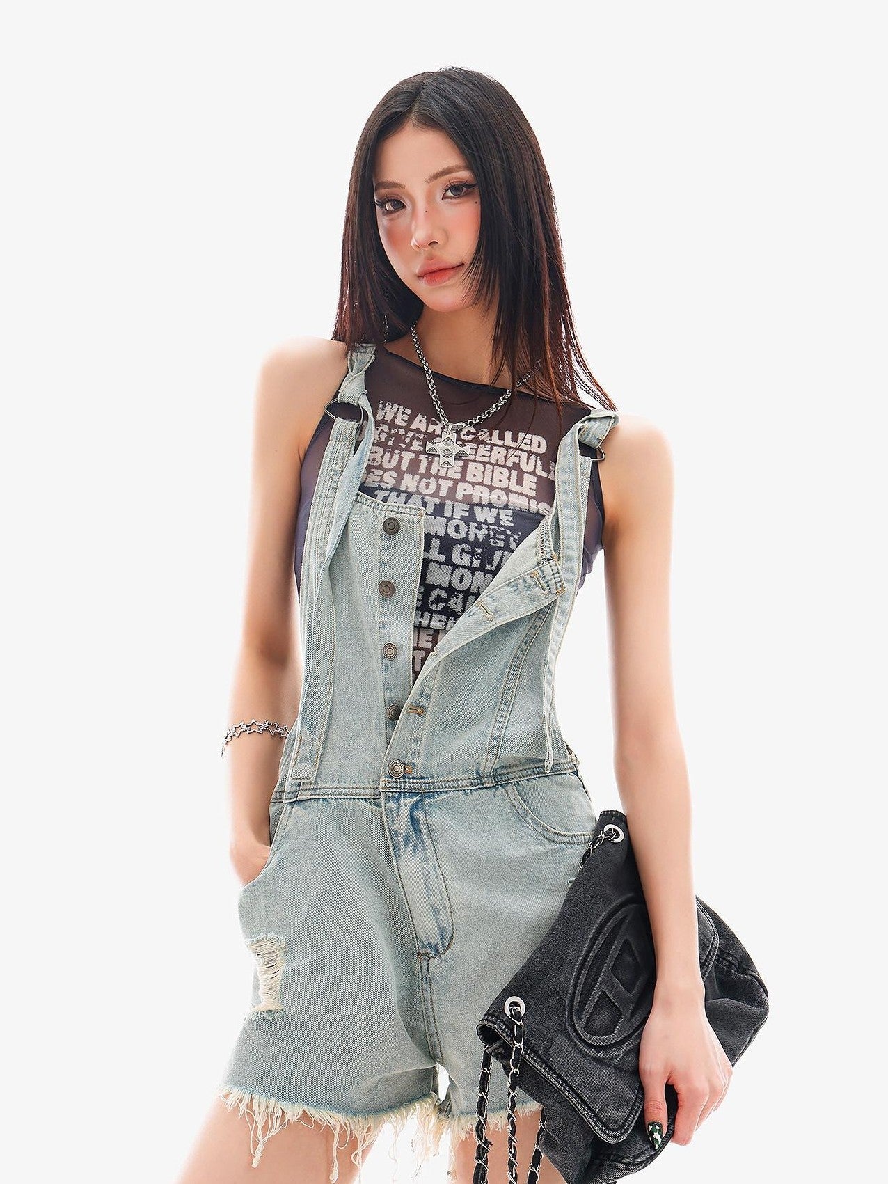 QIUQIU STUDIO Light Blue Distressed Fringe Suspender Pocket Wide Leg Women&