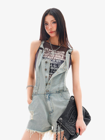 QIUQIU STUDIO Light Blue Distressed Fringe Suspender Pocket Wide Leg Women&