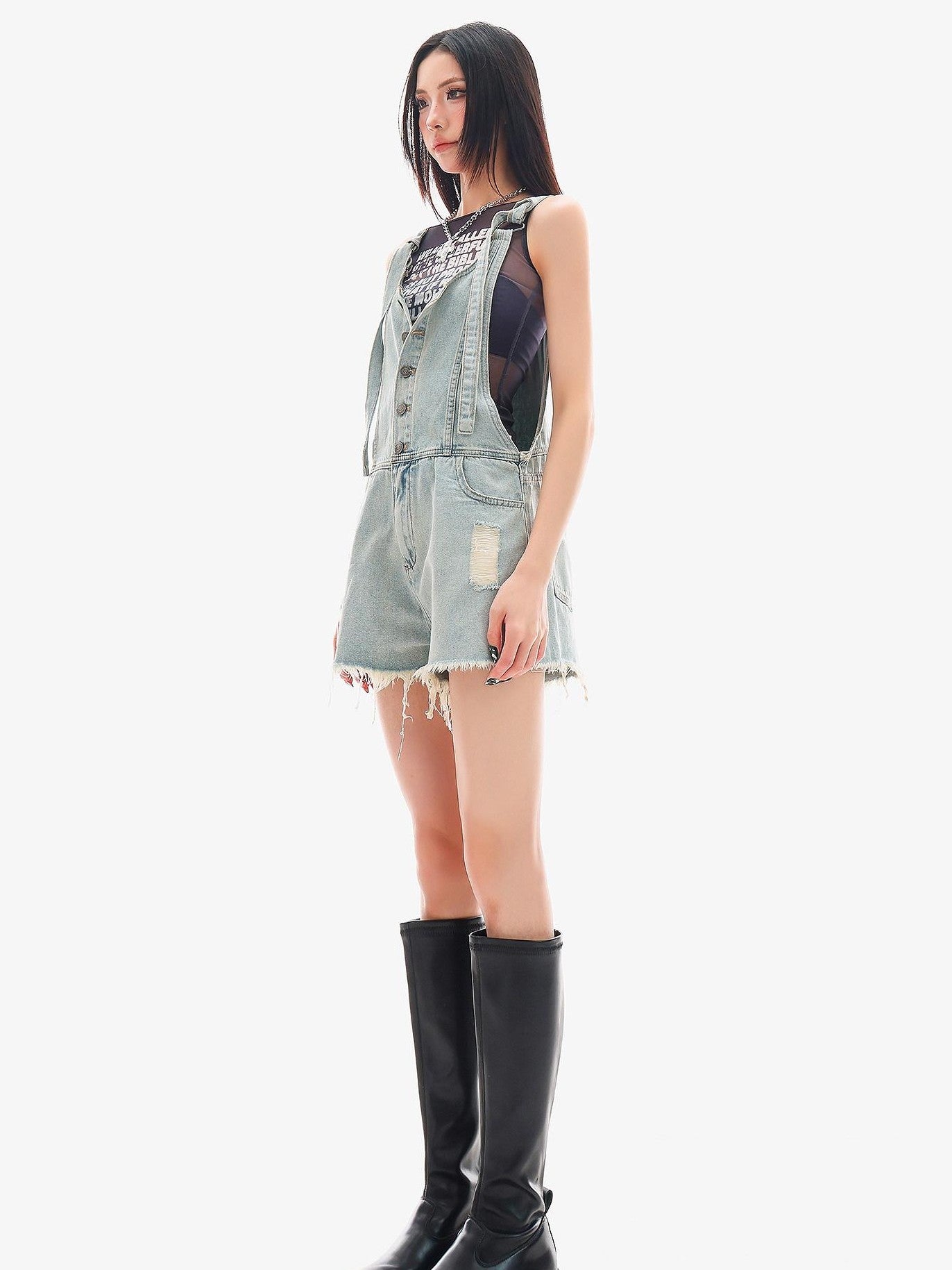 QIUQIU STUDIO Light Blue Distressed Fringe Suspender Pocket Wide Leg Women&