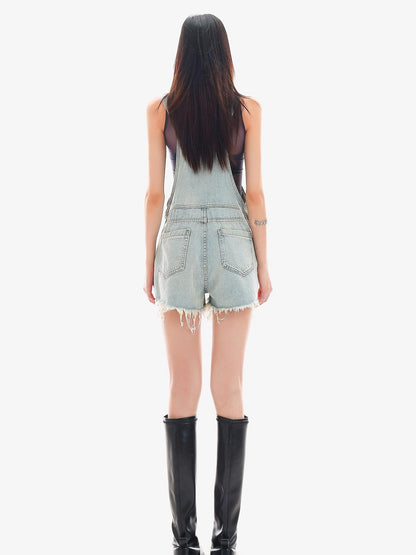 QIUQIU STUDIO Light Blue Distressed Fringe Suspender Pocket Wide Leg Women&