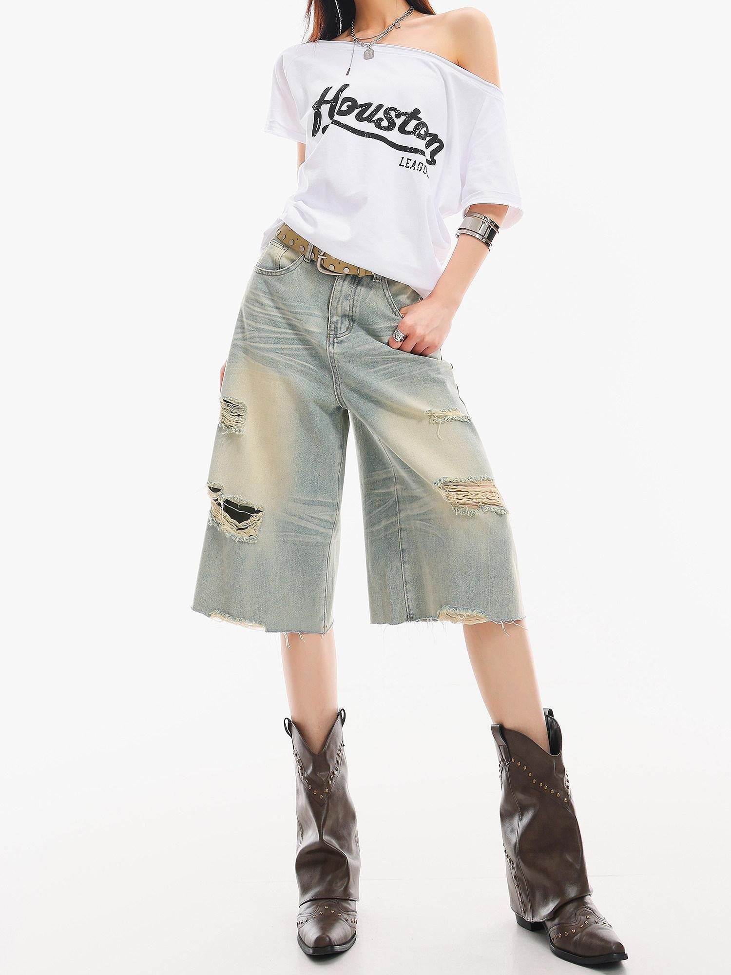 QIUQIU STUDIO Light Blue Washed Distressed Fringed Loose Wide Leg Women&