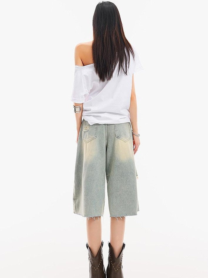 QIUQIU STUDIO Light Blue Washed Distressed Fringed Loose Wide Leg Women&