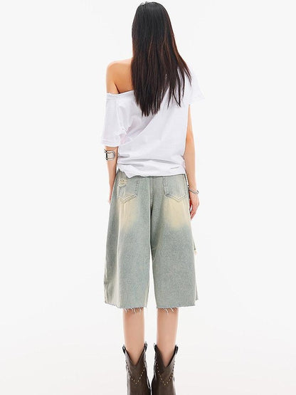 QIUQIU STUDIO Light Blue Washed Distressed Fringed Loose Wide Leg Women&
