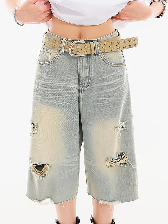 QIUQIU STUDIO Light Blue Washed Distressed Fringed Loose Wide Leg Women&