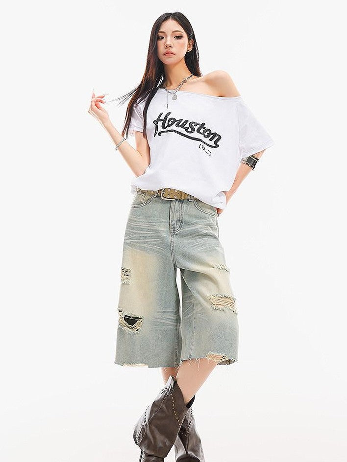 QIUQIU STUDIO Light Blue Washed Distressed Fringed Loose Wide Leg Women&