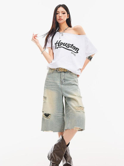 QIUQIU STUDIO Light Blue Washed Distressed Fringed Loose Wide Leg Women&