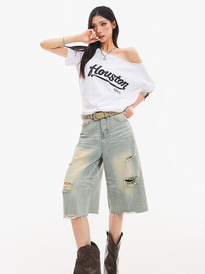 QIUQIU STUDIO Light Blue Washed Distressed Fringed Loose Wide Leg Women&