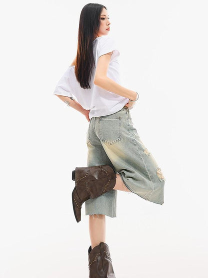 QIUQIU STUDIO Light Blue Washed Distressed Fringed Loose Wide Leg Women&
