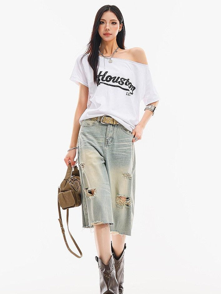 QIUQIU STUDIO Light Blue Washed Distressed Fringed Loose Wide Leg Women&