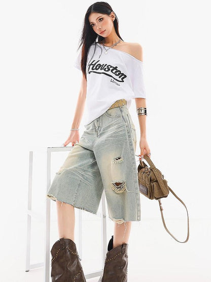 QIUQIU STUDIO Light Blue Washed Distressed Fringed Loose Wide Leg Women&