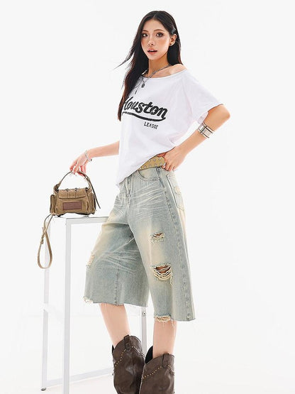 QIUQIU STUDIO Light Blue Washed Distressed Fringed Loose Wide Leg Women&