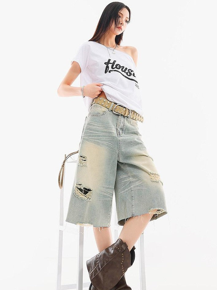 QIUQIU STUDIO Light Blue Washed Distressed Fringed Loose Wide Leg Women&
