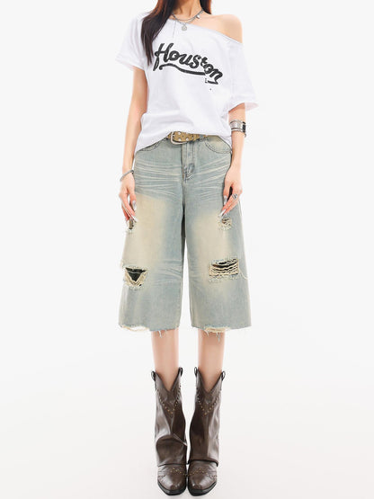 QIUQIU STUDIO Light Blue Washed Distressed Fringed Loose Wide Leg Women&