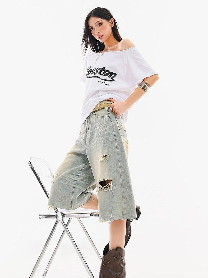 QIUQIU STUDIO Light Blue Washed Distressed Fringed Loose Wide Leg Women&