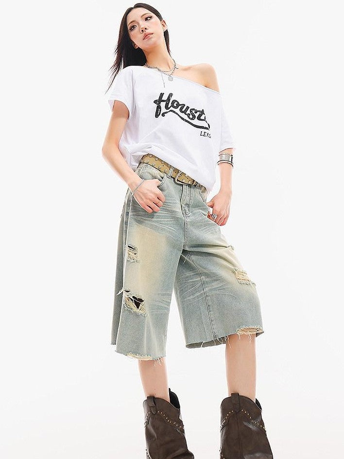 QIUQIU STUDIO Light Blue Washed Distressed Fringed Loose Wide Leg Women&
