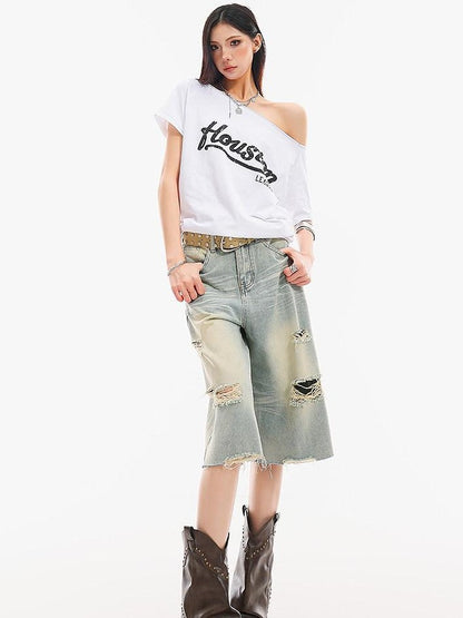 QIUQIU STUDIO Light Blue Washed Distressed Fringed Loose Wide Leg Women&