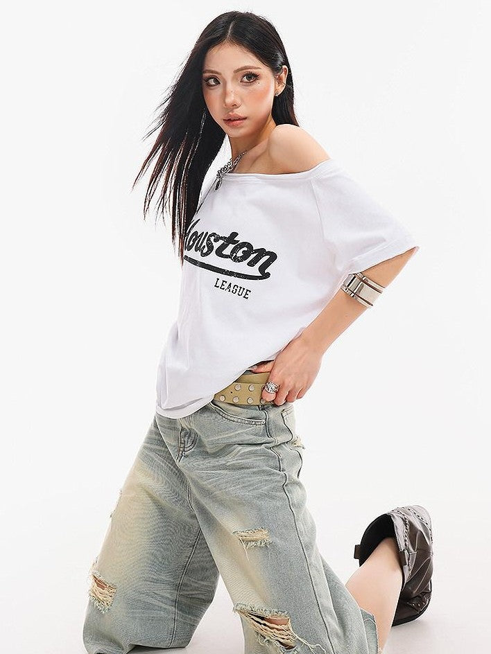 QIUQIU STUDIO Light Blue Washed Distressed Fringed Loose Wide Leg Women&