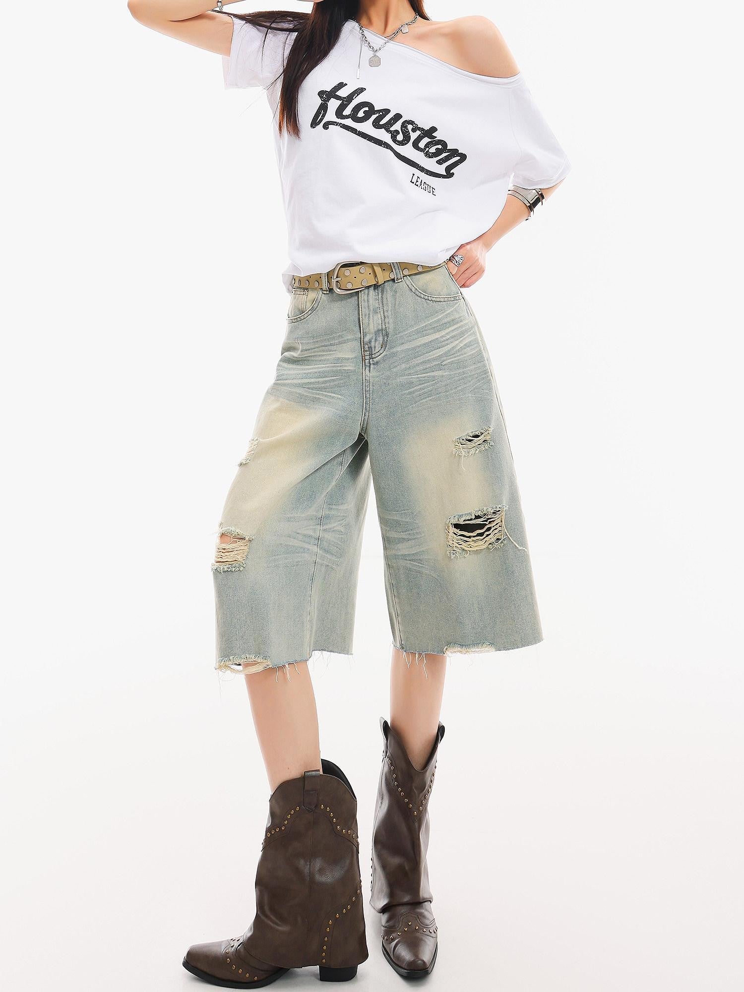 QIUQIU STUDIO Light Blue Washed Distressed Fringed Loose Wide Leg Women&