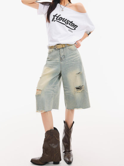 QIUQIU STUDIO Light Blue Washed Distressed Fringed Loose Wide Leg Women&