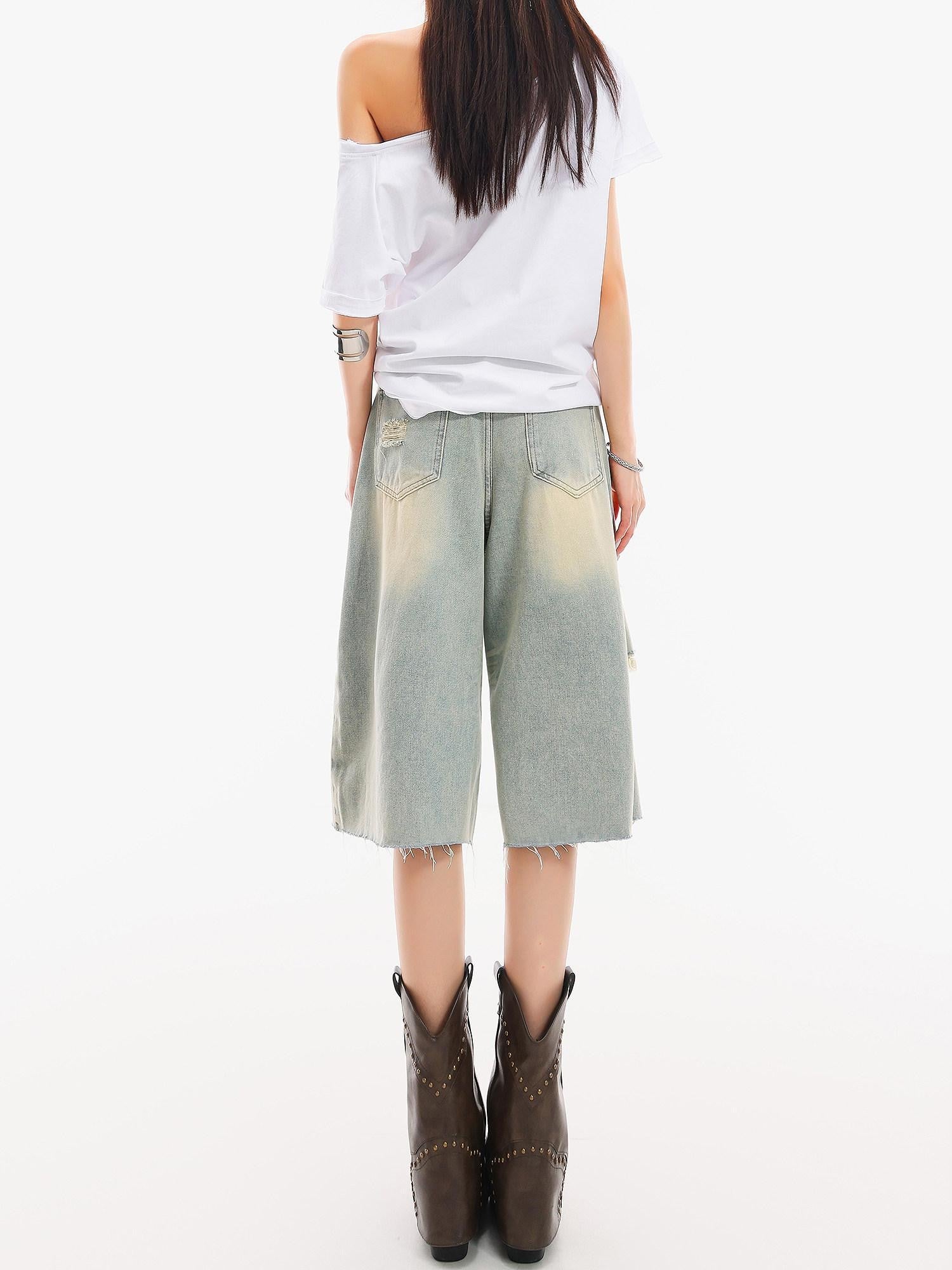 QIUQIU STUDIO Light Blue Washed Distressed Fringed Loose Wide Leg Women&