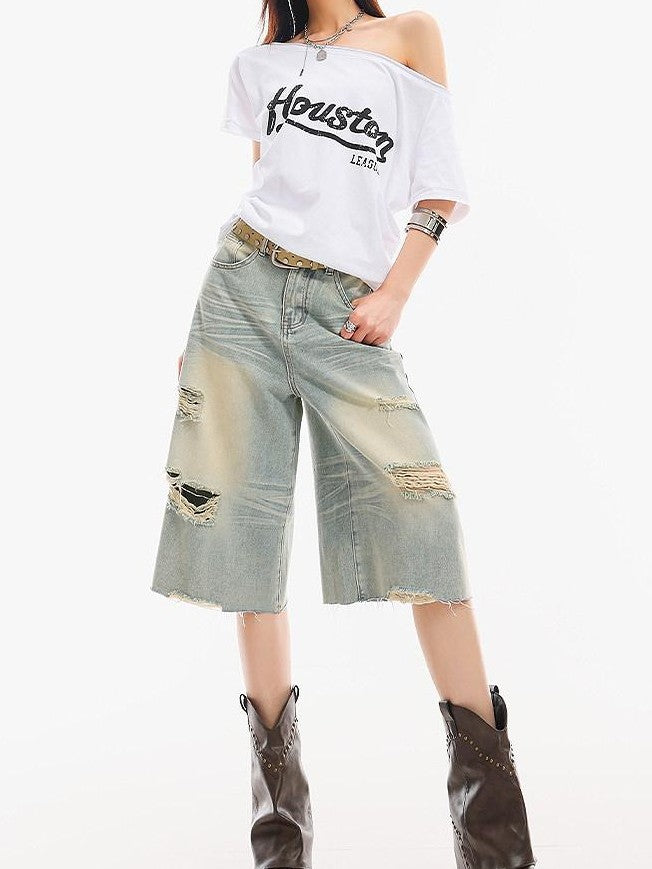 QIUQIU STUDIO Light Blue Washed Distressed Fringed Loose Wide Leg Women&