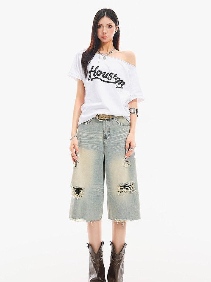 QIUQIU STUDIO Light Blue Washed Distressed Fringed Loose Wide Leg Women&