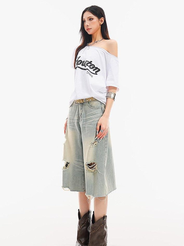 QIUQIU STUDIO Light Blue Washed Distressed Fringed Loose Wide Leg Women&