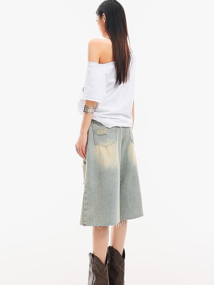 QIUQIU STUDIO Light Blue Washed Distressed Fringed Loose Wide Leg Women&