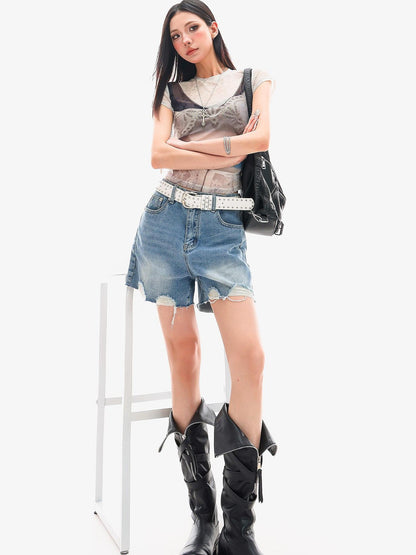 QIUQIU STUDIO Light Blue Washed Ripped Distressed Frayed Hem Women&