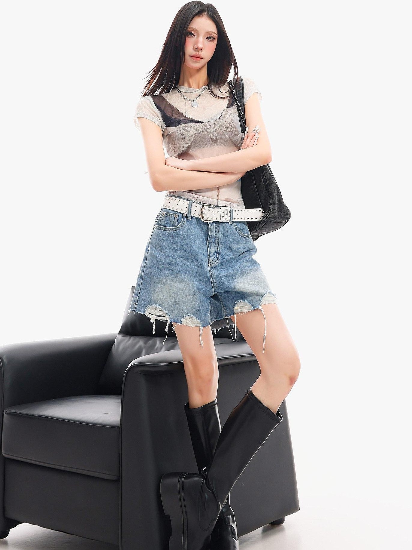 QIUQIU STUDIO Light Blue Washed Ripped Distressed Frayed Hem Women&
