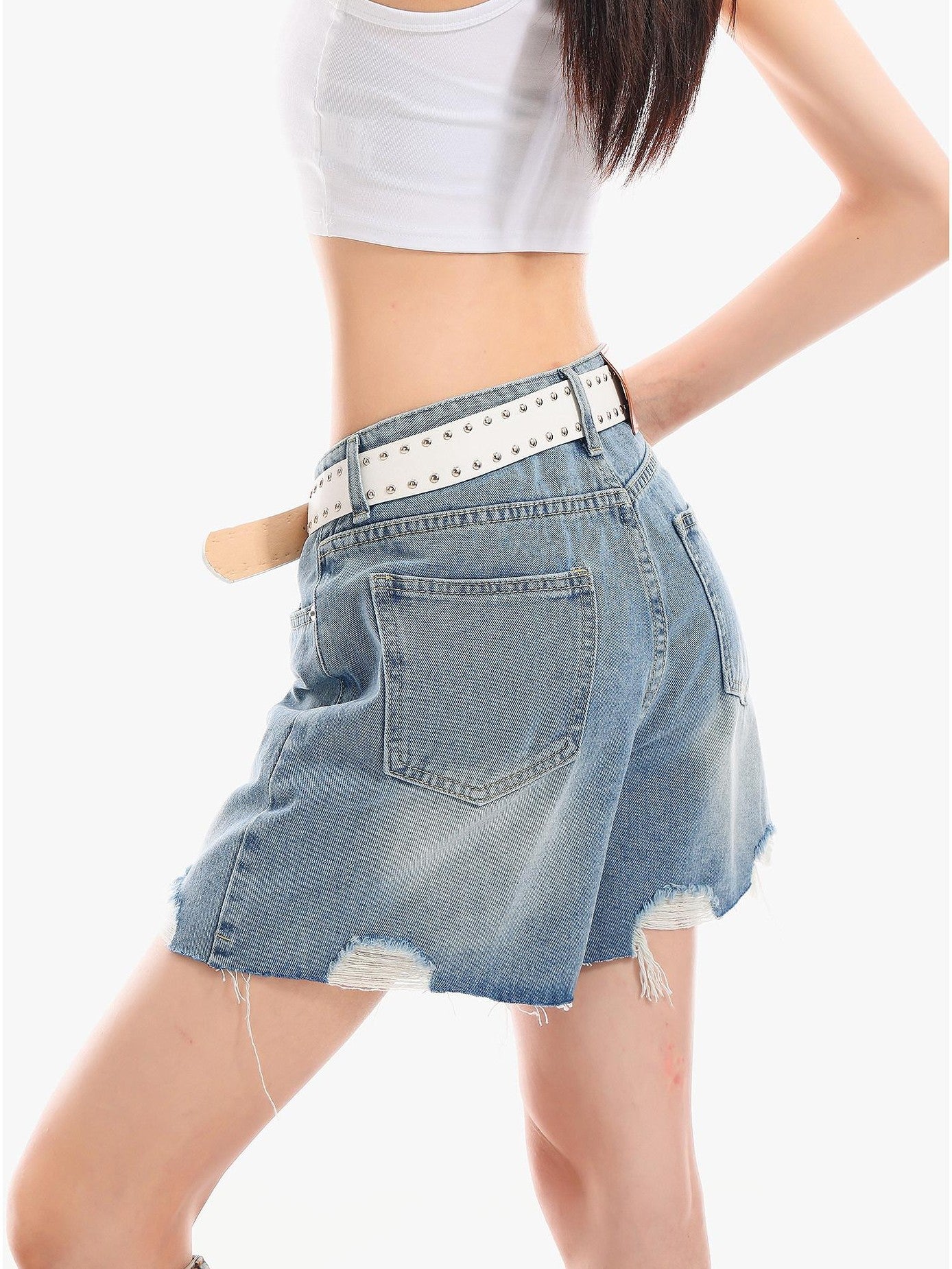 QIUQIU STUDIO Light Blue Washed Ripped Distressed Frayed Hem Women&