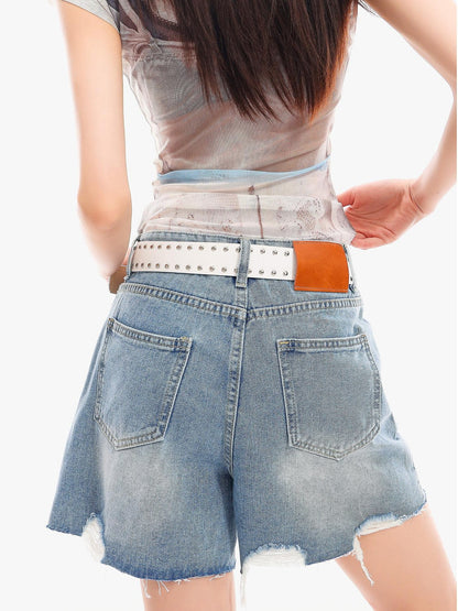 QIUQIU STUDIO Light Blue Washed Ripped Distressed Frayed Hem Women&