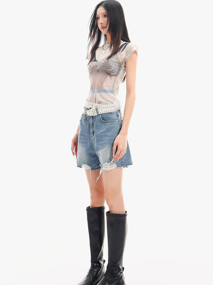 QIUQIU STUDIO Light Blue Washed Ripped Distressed Frayed Hem Women&