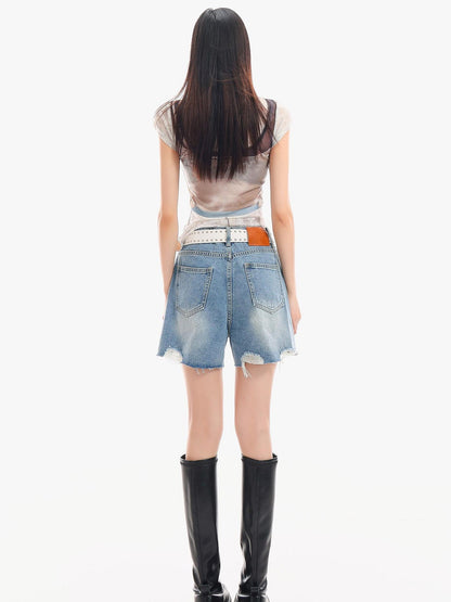 QIUQIU STUDIO Light Blue Washed Ripped Distressed Frayed Hem Women&