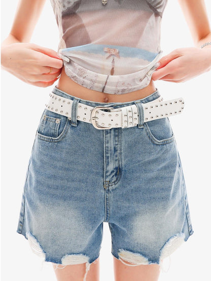 QIUQIU STUDIO Light Blue Washed Ripped Distressed Frayed Hem Women&