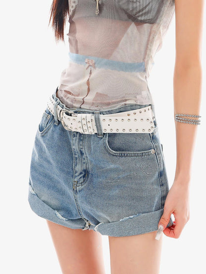 QIUQIU STUDIO Light Blue Washed Ripped Distressed Frayed Hem Women&